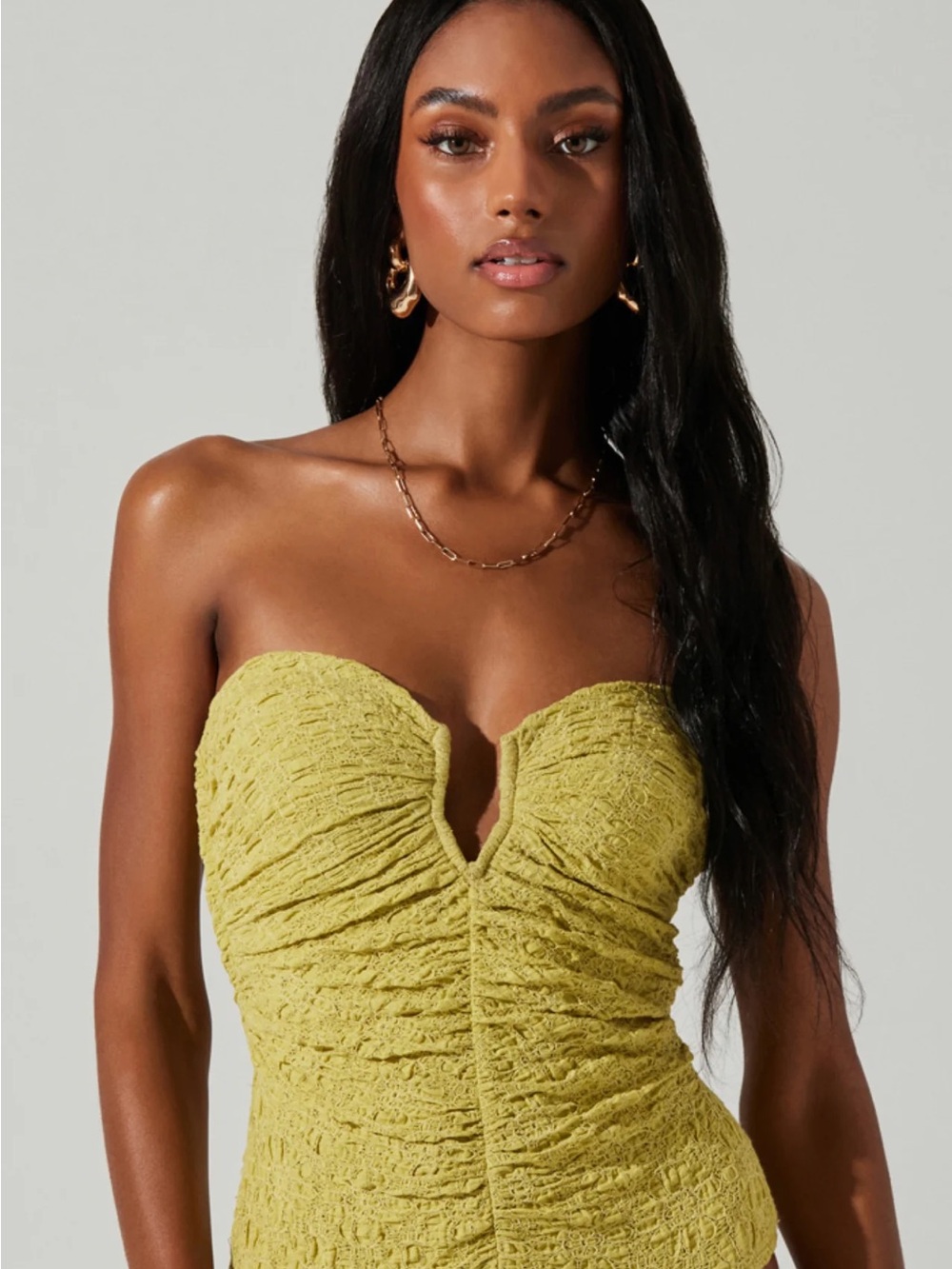 Astr Strapless Ruched Lace Bodysuit in Chartreuse Yellow-Green